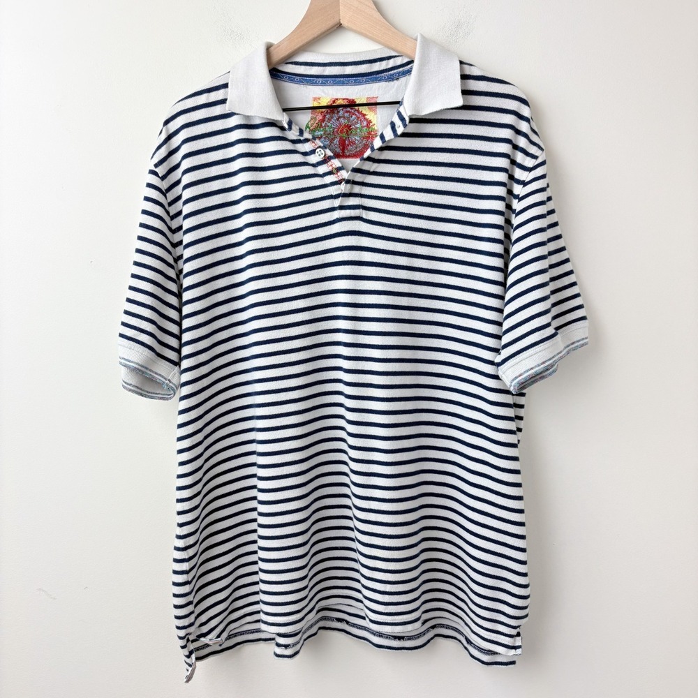 Robert Graham Striped Polo Shirt Mens 2XL / 3XL White Blue 100% Cotton